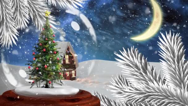 圣诞动画圣诞树在神奇的森林在夜间 雪落在被雪覆盖的风景上 — 图库视频影像