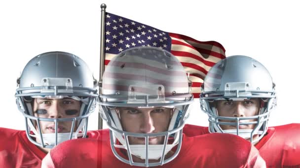 与队友一起的橄榄球运动员数字动画 美国国旗在背景中摇曳4K — 图库视频影像