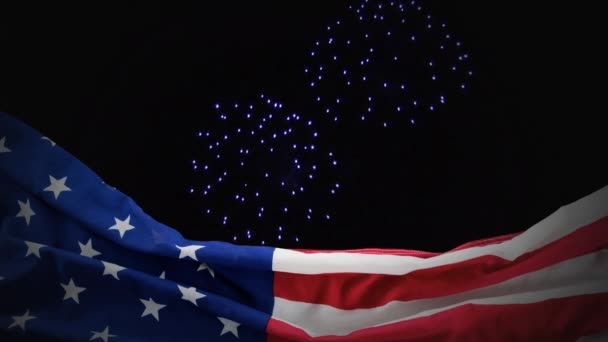 Animación Digital Fuegos Artificiales Por Noche Bandera Americana Primer Plano — Vídeos de Stock