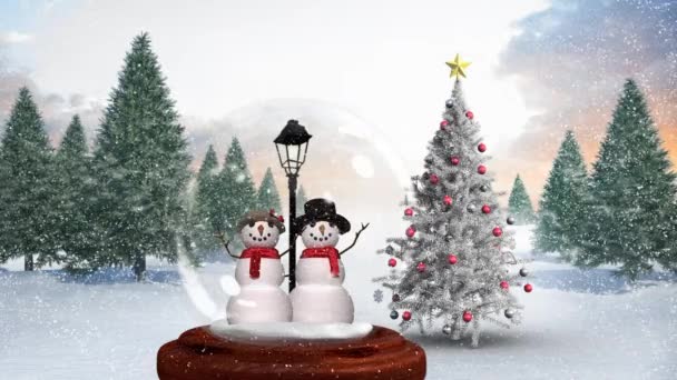 可爱的圣诞动画雪球夫妇在神奇的森林 雪在森林的背景下飘落 — 图库视频影像