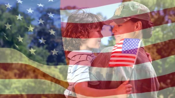 Conceptual Digital Animation Showing American Soldier Embracing Her Child Home — Stock Video