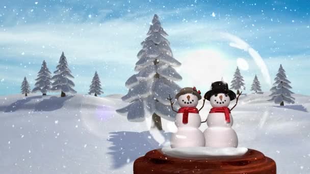 Animación Digital Pareja Muñeco Nieve Nieve Cayendo Sobre Paisaje Cubierto — Vídeo de stock