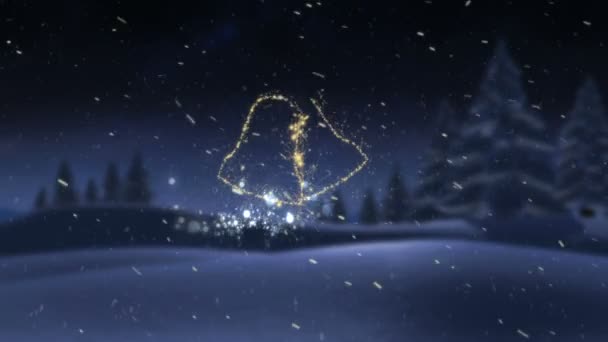 Cloches Noël Brillant Dans Neige Contre Ciel Nocturne Sur Forêt — Video