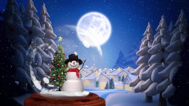 Niedliche Weihnachtsanimation Von Schneemann Und Bäumen Schneefall Dorf Der Nacht — Stockvideo