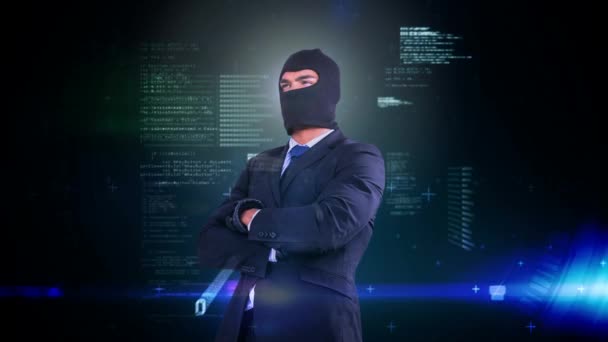 Цифрова Анімація Хакера Стоїть Схрещеними Руками Цифрові Коди Програмування — стокове відео