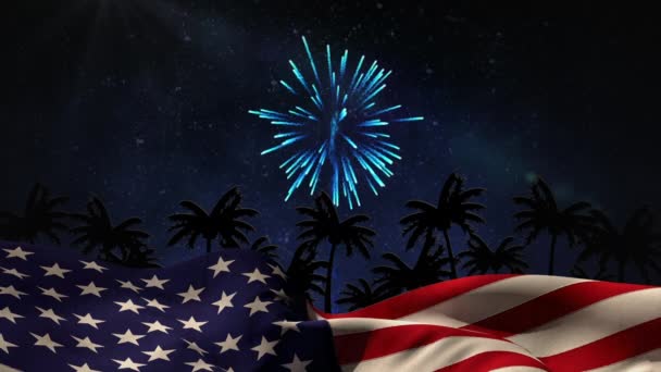 Digital Animation Fireworks Display Night American Flag Foreground — Stock Video