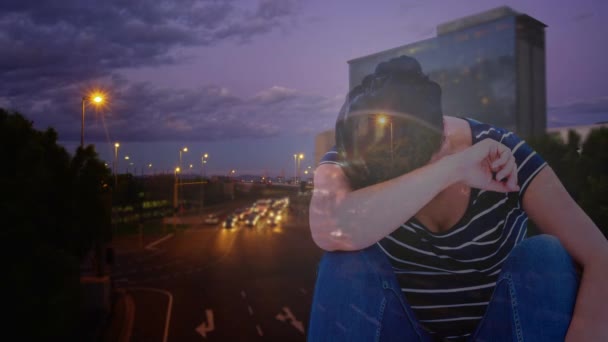 Digital Animation Depressed Woman Head Hand Traffic Moving City Night — Stock Video
