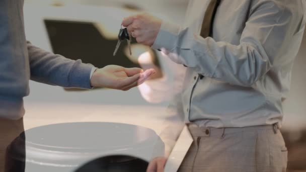 Animación Digital Que Muestra Ejecutivo Ventas Dando Llaves Del Coche — Vídeos de Stock