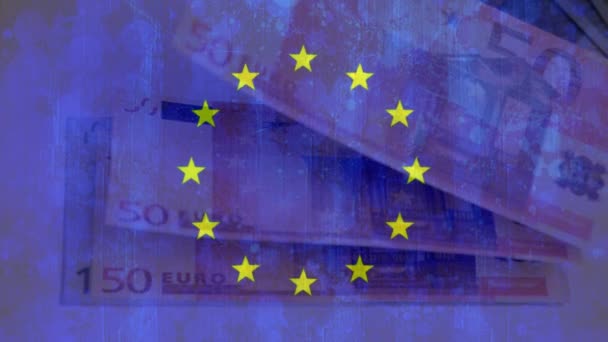 蓝色的欧洲国旗与100和50欧元的钞票被吹灭 微风的象征 — 图库视频影像