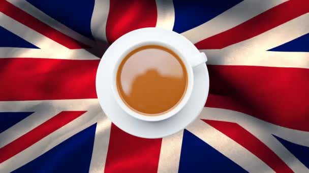 Taza Platillo Con Bandera Británica Ondeando Viento Fondo — Vídeos de Stock