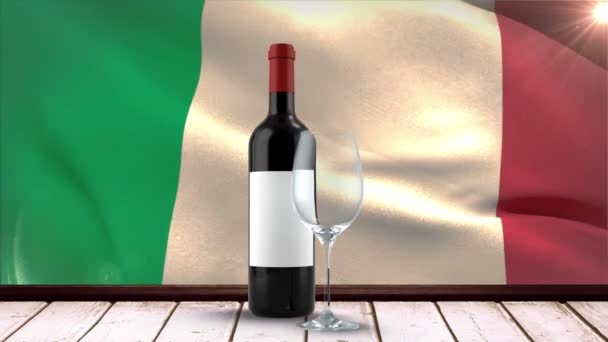 Digital Composite Wine Glass Wooden Table Italian Flag Waving Background — Stock Video