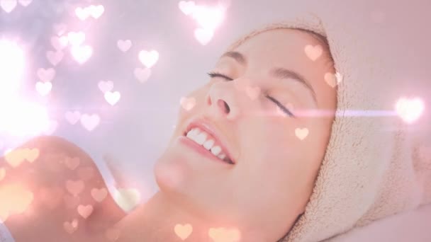 Woman Enjoying Spa Relaxed State Animated Hearts Floating — Stock Video