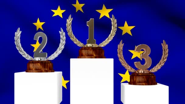 在背景中挥舞着欧洲国旗的领奖台上 第一名 第二名和第三名奖杯的数字组合 — 图库视频影像