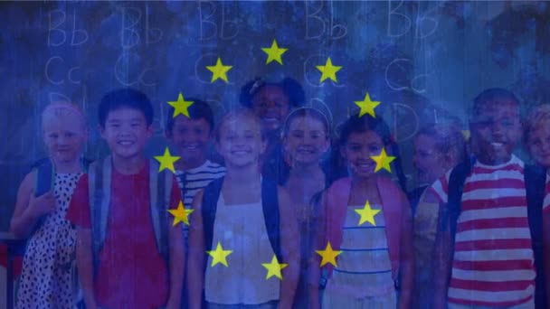 Composto Digital Bandeira Europeia Com Retrato Crianças Escola Feliz Mostrando — Vídeo de Stock