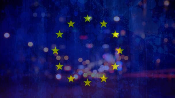 Bandeira Europeia Azul Com Mancha Carros Luzes Feixe Cidade Noite — Vídeo de Stock