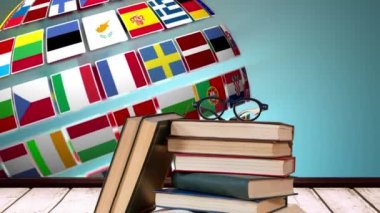Arka plan bir küre şeklinde iplik Avrupa ülkelerinin bayrakları ile okul kitapları ve gözlük dijital bileşik