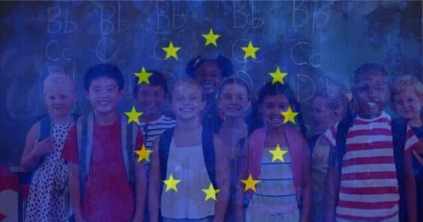 Compuesto Digital Bandera Europea Con Retrato Niños Escuela Feliz Mostrando — Vídeos de Stock