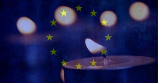 Ψηφιακός Σύνθετος Ευρωπαϊκή Σημαία Κεριά Στο Παρασκήνιο Ένα Κερί Πηγαίνει — Αρχείο Βίντεο