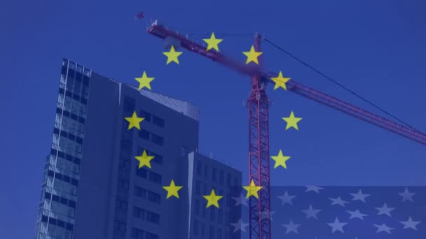 Цифровий Композитний Європейський Прапор Краном Роботи Будівництву Офісної Будівлі Уповільнена — стокове відео