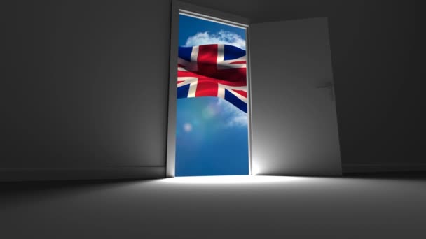 Britse Unie Jack Vlag Zwaaien Achter Geopende Deur Een Blauwe — Stockvideo