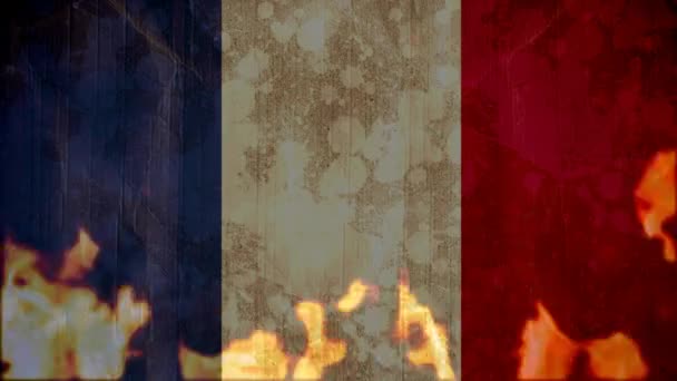 Oude Franse Vlag Met Vlekken Vlammen Door Vuur Wordt Platgebrand — Stockvideo