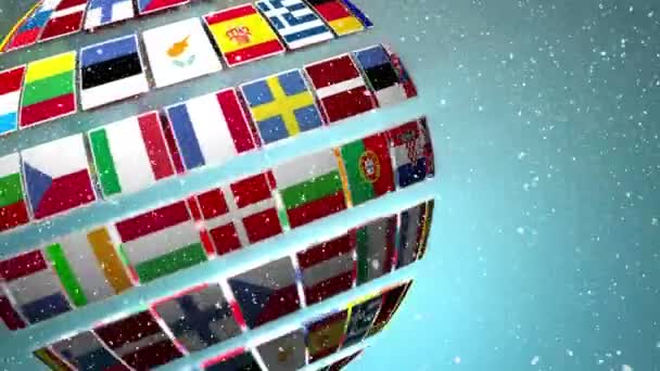 在灰色的雪堆背景下 由欧盟国家的旗帜制成的地球转动的数字组合 — 图库视频影像