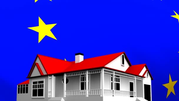 黒の背景に赤い屋根の白い家の中を振っている欧州旗のデジタル合成 — ストック動画