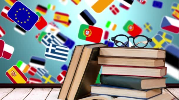 画面に近づいて背景のヨーロッパの国の 旗と教科書とメガネのデジタル合成 — ストック動画