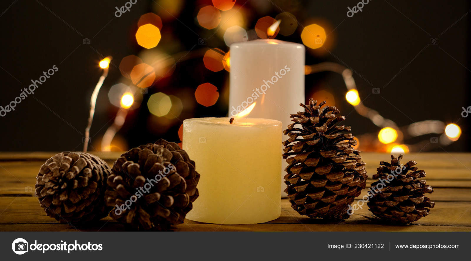 Close Pine Cones Illuminated Candles Table Christmas Balls Unfocused Tree Stock Photo C Vectorfusionart 230421122