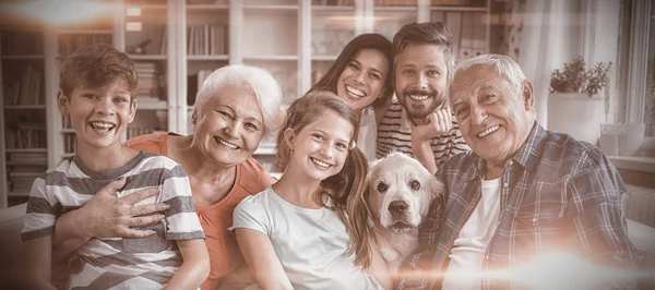 Portrait Happy Multi Generation Family Sitting Sofa Living Room Home — Stock Photo, Image