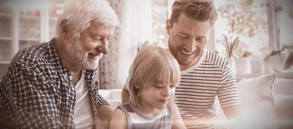 Boy Using Digital Tablet His Father Grandfather Living Room Home — Stock Photo, Image