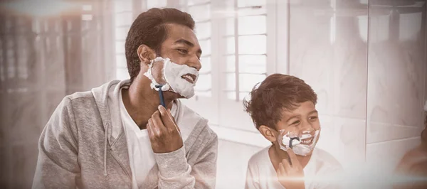 Father Son Shaving Together Bathroom Home — Stock Photo, Image