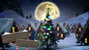 Ev ve yol işaret dijital olarak yaratılan animasyon karla kaplı. Noel Baba tarafından geçen beyaz dağ ve büyük ay arka plan karşı.
