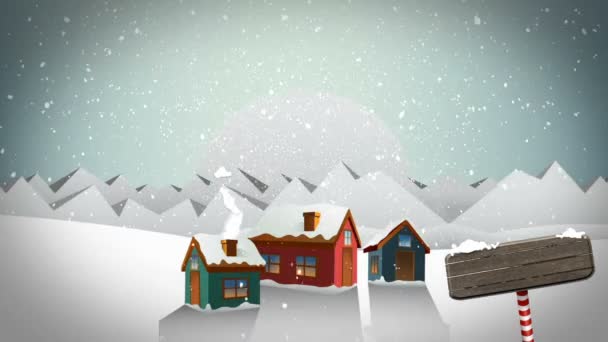 Digitally Generated Animation Houses Road Sign Covered Snow Merry Christmas — Stock Video