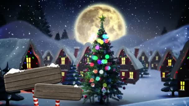 Animación Generada Digitalmente Casas Señales Tráfico Cubiertas Nieve Santa Claus — Vídeo de stock