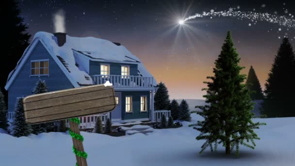 Animación Generada Digitalmente Casa Cubierta Nieve Árbol Navidad Pie Frente — Vídeo de stock