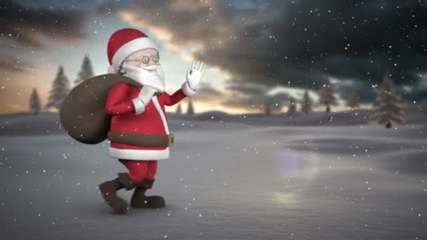 数字生成的动画圣诞老人走过在雪对自然背景 — 图库视频影像