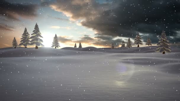 木と夕日と雪に覆われた地面の美しい冬の風景のデジタル生成アニメーション — ストック動画