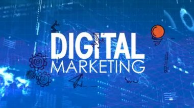 Dijital Pazarlama dijital kodlar ve arka planda earth harita ile çeşitli küçük animasyonlarla görüntülenmesini dijital bileşik