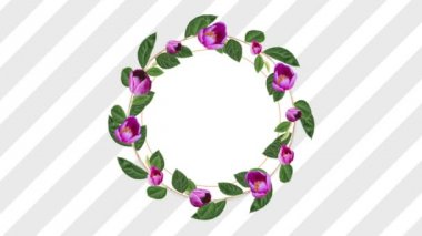 Daire fotoğraf çerçevesi için kopya alanı çizgili arka plan dekoratif pembe çiçekli