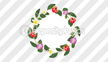 Daire fotoğraf çerçevesi çiçekli dekoratif pembe kırmızı ve beyaz çizgili arka plan kopya alanı için