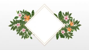 Beyaz arka plan dekoratif pembe ve turuncu çiçekli kopya alanı için kare fotoğraf çerçevesi