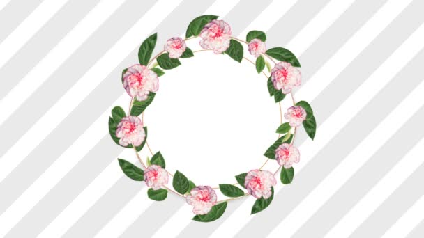 圆形相框复制空间与装饰粉红色的花反对条纹背景 — 图库视频影像