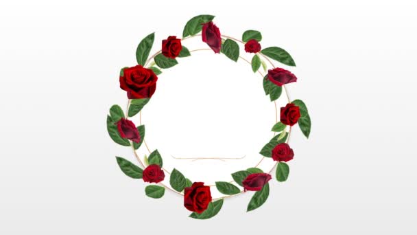 圆相框为拷贝空间与装饰红色玫瑰色在白色背景 — 图库视频影像