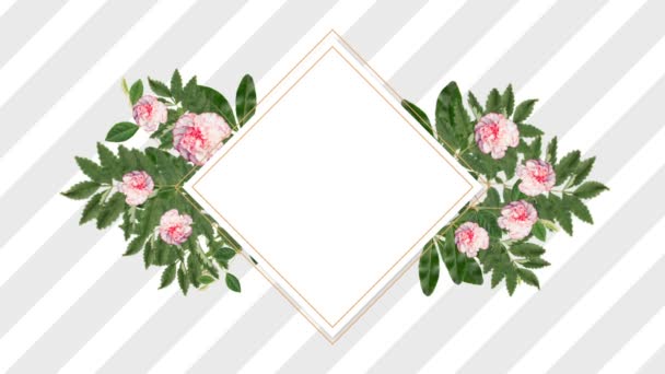 Quadratischer Fotorahmen Für Kopierraum Mit Dekorativen Rosa Blumen Vor Gestreiftem — Stockvideo