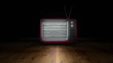 Eski bir Tv animasyon açma anten ve karanlık odada hiçbir sinyal bulanıklık fuzz ile zoom