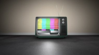 Dönme üstünde anten ile eski bir Tv animasyon yakınlaştırma ve hiçbir sinyal örneği test bir odada