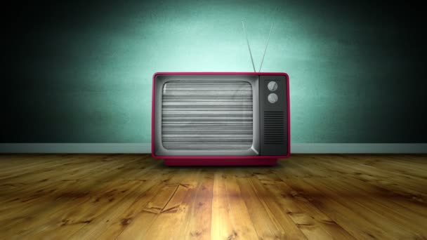 Комнате Деревянным Полом Увеличиваем Анимацию Старого Телевизора Включаем Телевизор Слышим — стоковое видео
