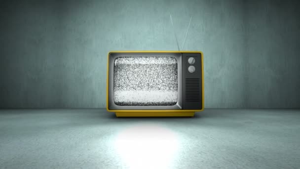 Увеличьте Масштаб Анимации Старого Желтого Телевизора Включенного Бетонном Помещении Будет — стоковое видео