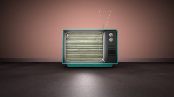 变焦动画在安色复古电视屏幕模糊的噪音 对粉红色的墙壁室内 — 图库视频影像